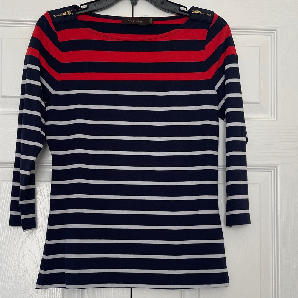 The Limited Navy, White & Red Striped Boatneck Top with Shoulder Zippers